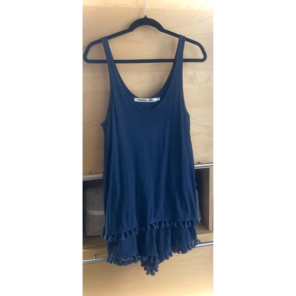 MICHAEL STARS | S / M | Pom Pom Fringe Navy Tank Top Rayon Beach Shorts Romper_6